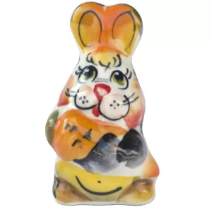 Ceramic Figurine Gzhel Colored Easter Little Rabbit with Carrot, 1.7"
