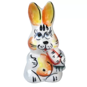 Ceramic Figurine Gzhe Colored Rabbit with Carrot, 3.9"