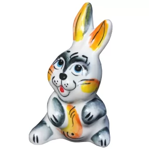 Easter Ceramic Figurine Gzhel Colorful Easter Playful Bunny 4.13"