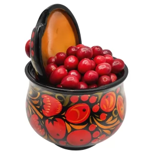 Wooden Sugar Bowl, Hand-Painted Khokhloma "Berries", 5x4 inches