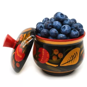 Wooden Sugar Bowl, Hand-Painted Khokhloma "Berries", 3.5x2.75 inches