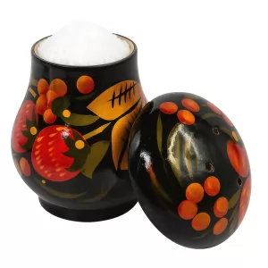 Khokhloma Salt Container, Wood, Hand-Painted 3"