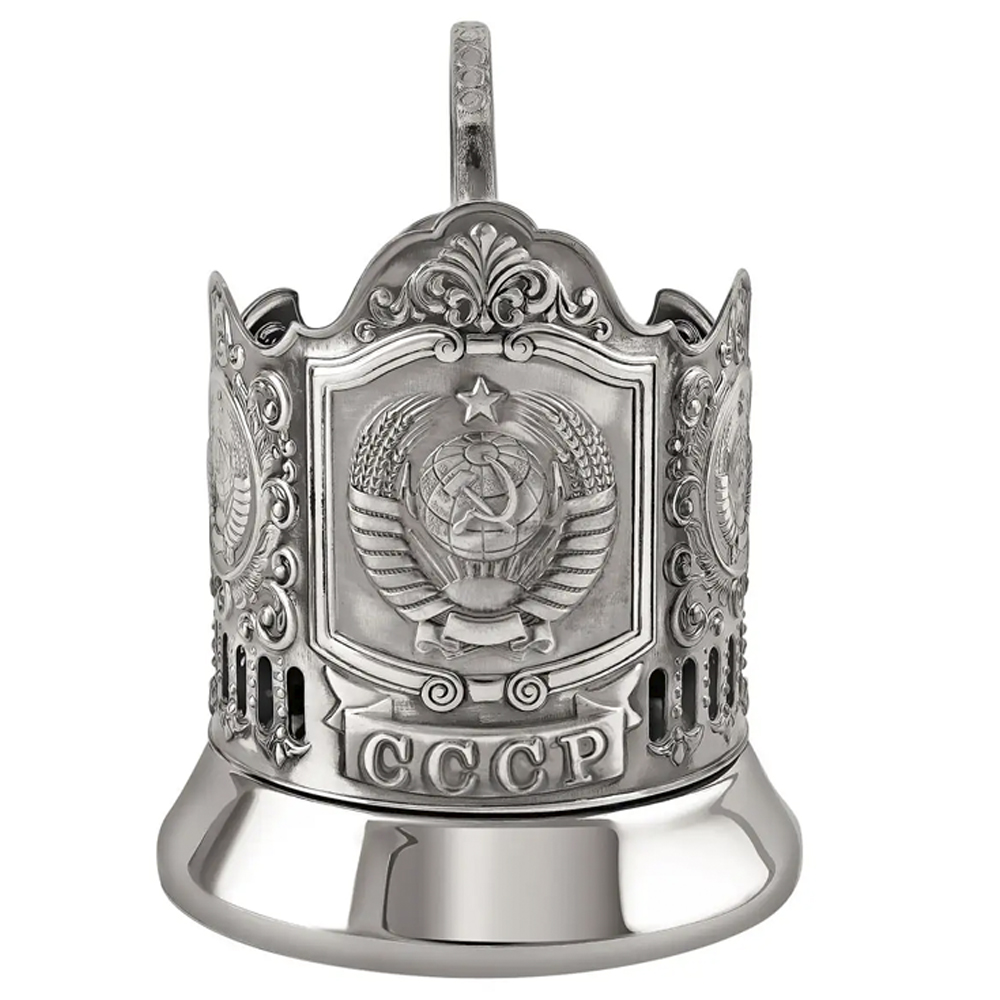 Nickel-Plated Blackened Tea Glass Holder With Crystal Glass 250 ml “Coat of Arms of Russia”, Kolchugino Melchior