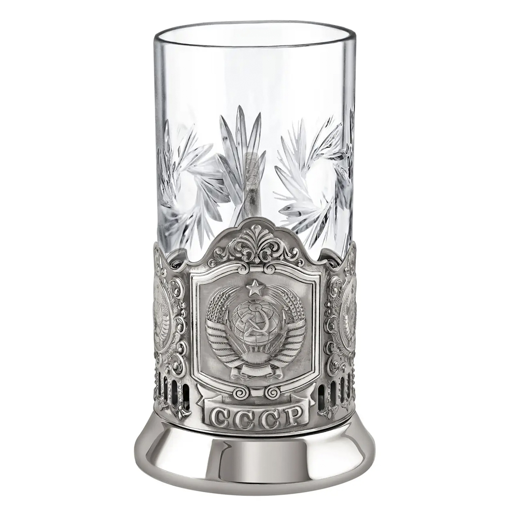Nickel-Plated Blackened Tea Glass Holder With Crystal Glass 250 ml “Coat of Arms of Russia”, Kolchugino Melchior
