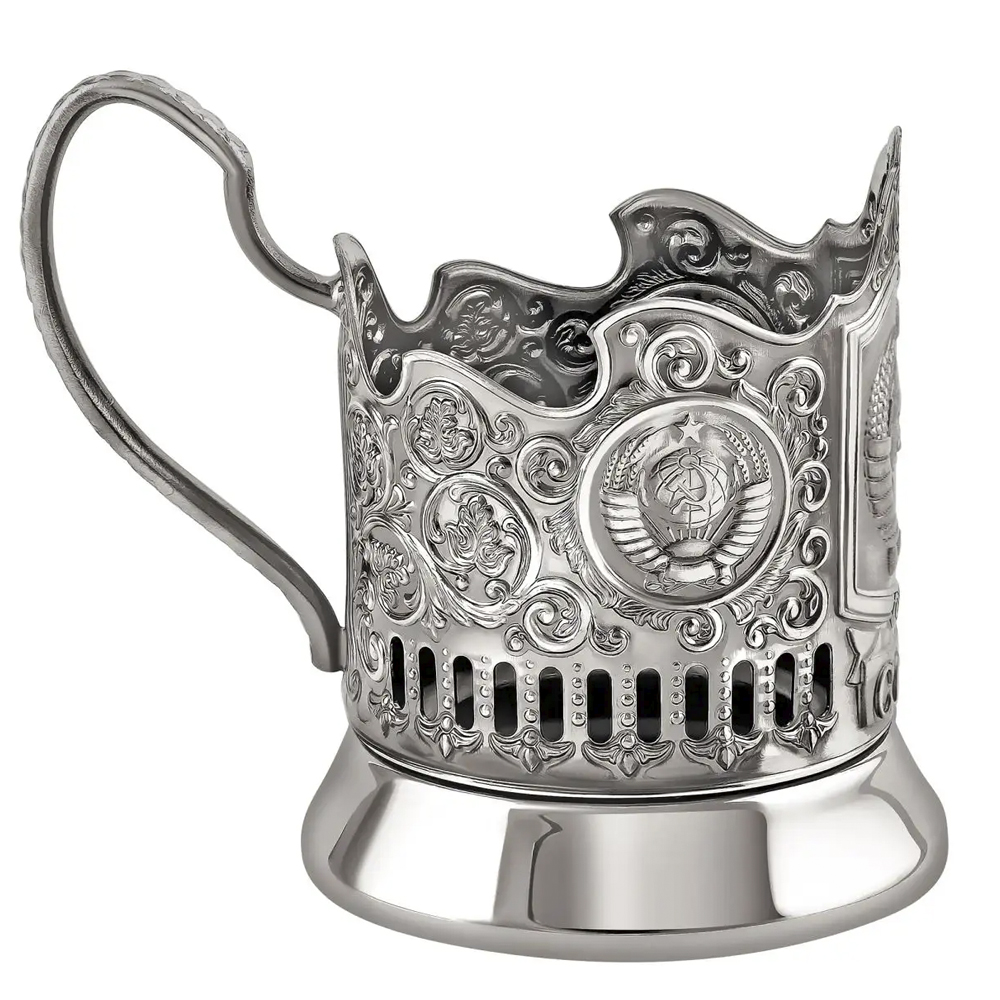 Nickel-Plated Blackened Tea Glass Holder With Crystal Glass 250 ml “Coat of Arms of Russia”, Kolchugino Melchior