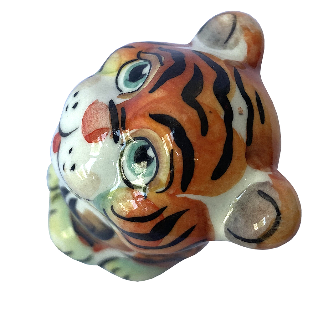 Porcelain Figurine Symbol 2022, Curious Tiger Jack, Colorful Gzhel, 2.17''