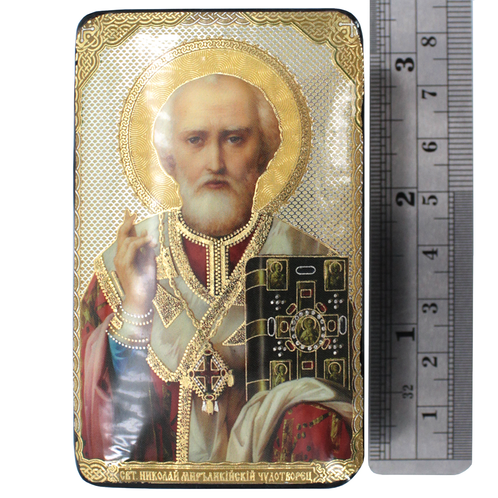 Lacquered Jewelry Box, Icon Saint Nicholas of Myra 3x2