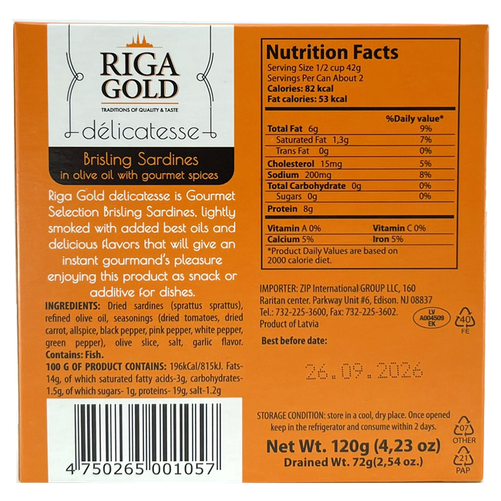 Bristling Sardines In Olive Oil w/ Gourmet Spices, Riga Gold, 120g/ 4.23oz