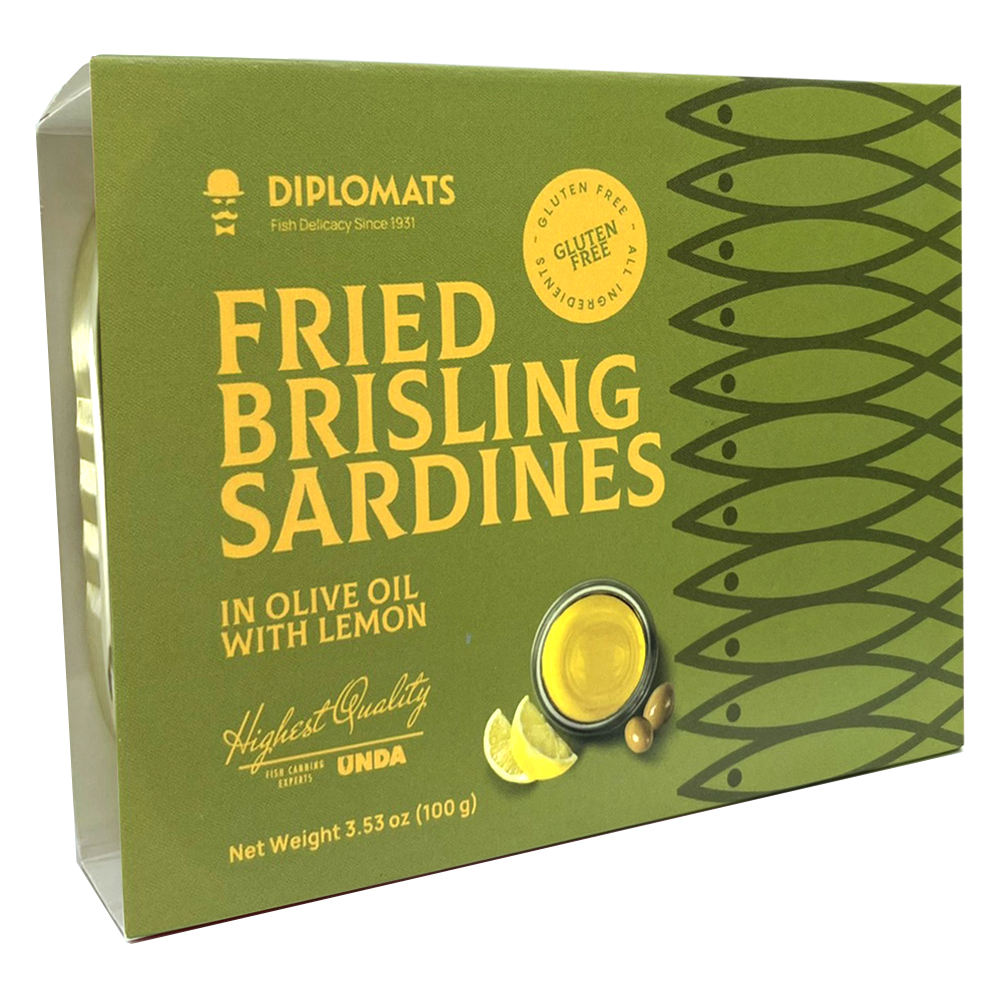 Fried Brisling Sardines in Olive Oil with Lemon, Diplomats, 100g/ 3.53oz