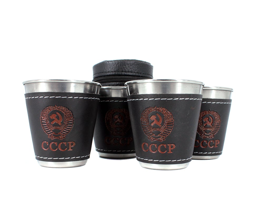 Stainless Steel Shot Glass USSR KGB Symbols 4 items in Сase, 30ml 