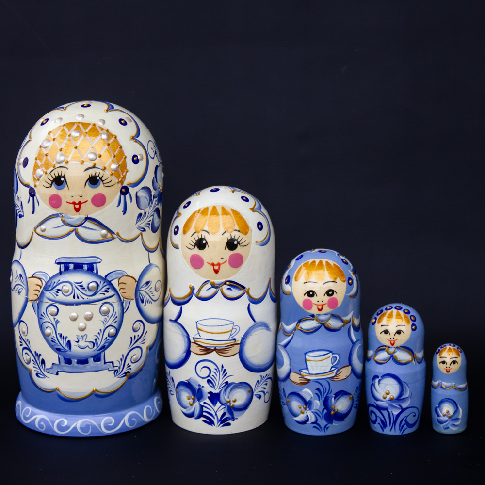 Matryoshka Tea Party Gzhel Wooden Hand-Painted Traditional Souvenir, 5 pc, 7''