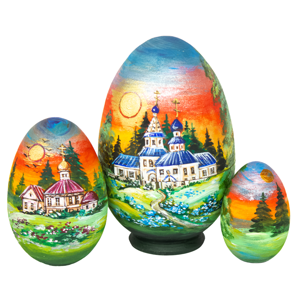 Russian Souvenir Set of 3 Wooden Nesting Eggs Hand Painted Summer Church at Sunset  4.7