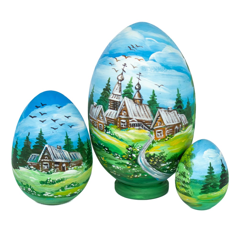 Nesting Wooden Eggs Set of 3 Summer Russian North Church Handmade 4.7