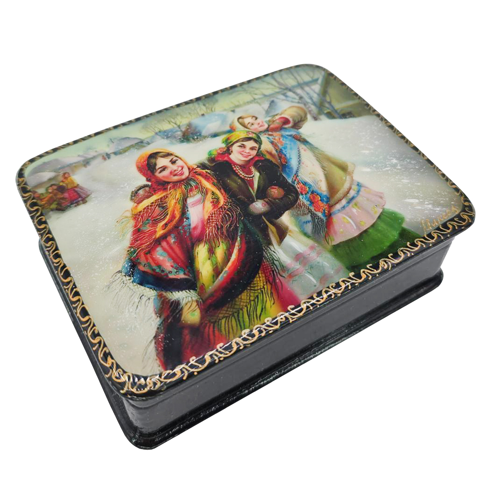 Wooden Jewellery Box Russian Lacquer Miniature "Three Girls", 4x3x1.5"