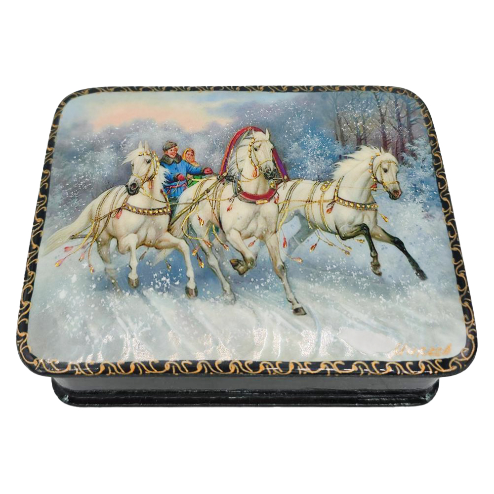Wooden Jewellery Box Russian Lacquer Miniature "Winter Troika", 4x3x1.5"