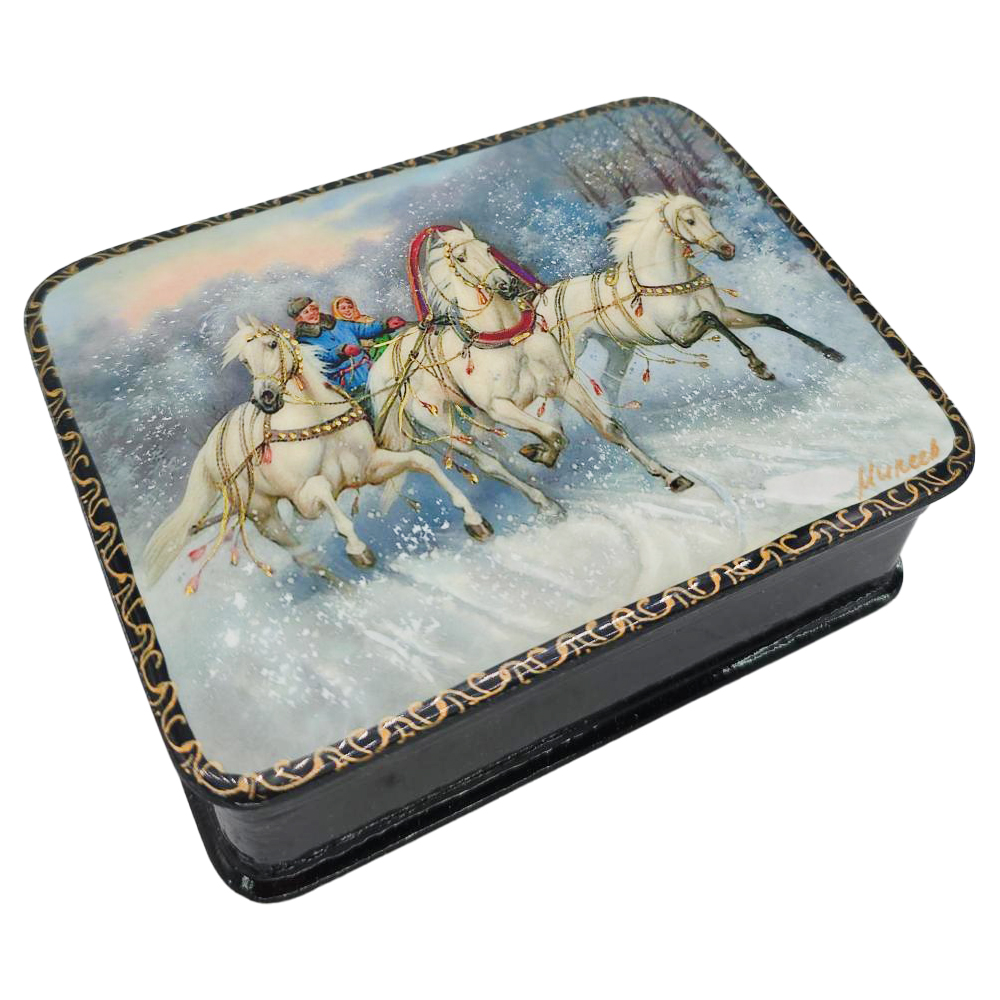 Wooden Jewellery Box Russian Lacquer Miniature "Winter Troika", 4x3x1.5"