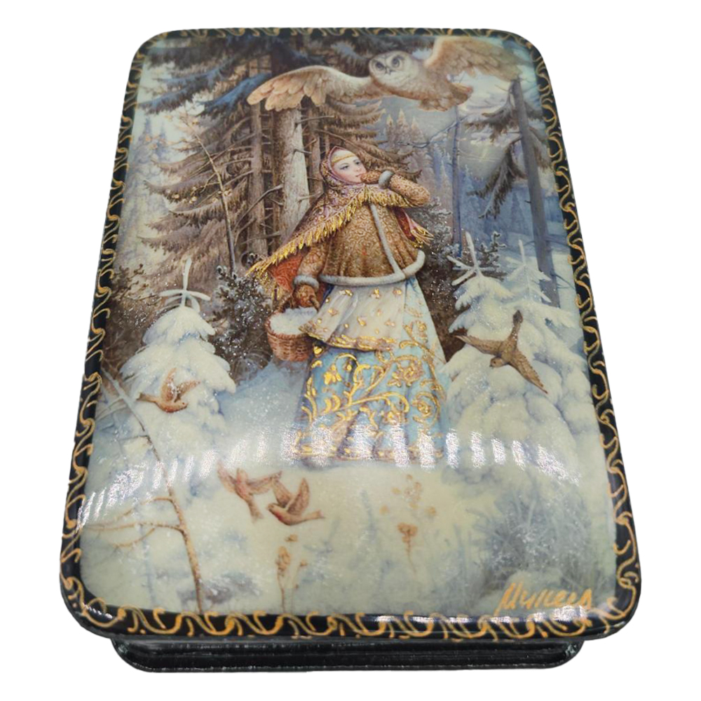 Wooden Jewellery Box Russian Lacquer Miniature "Morozko", 4x3x1.5"