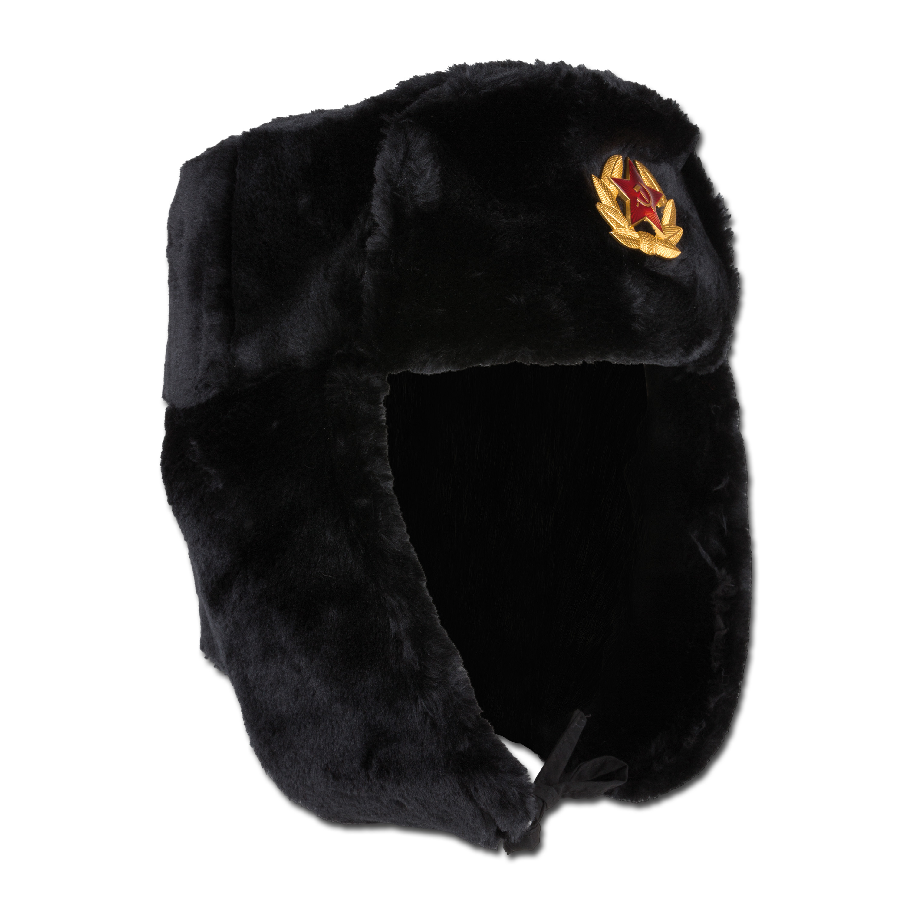 Russian Ushanka Faux Fur Cossack Trapper Hat & USSR Soviet Army Badge Black 