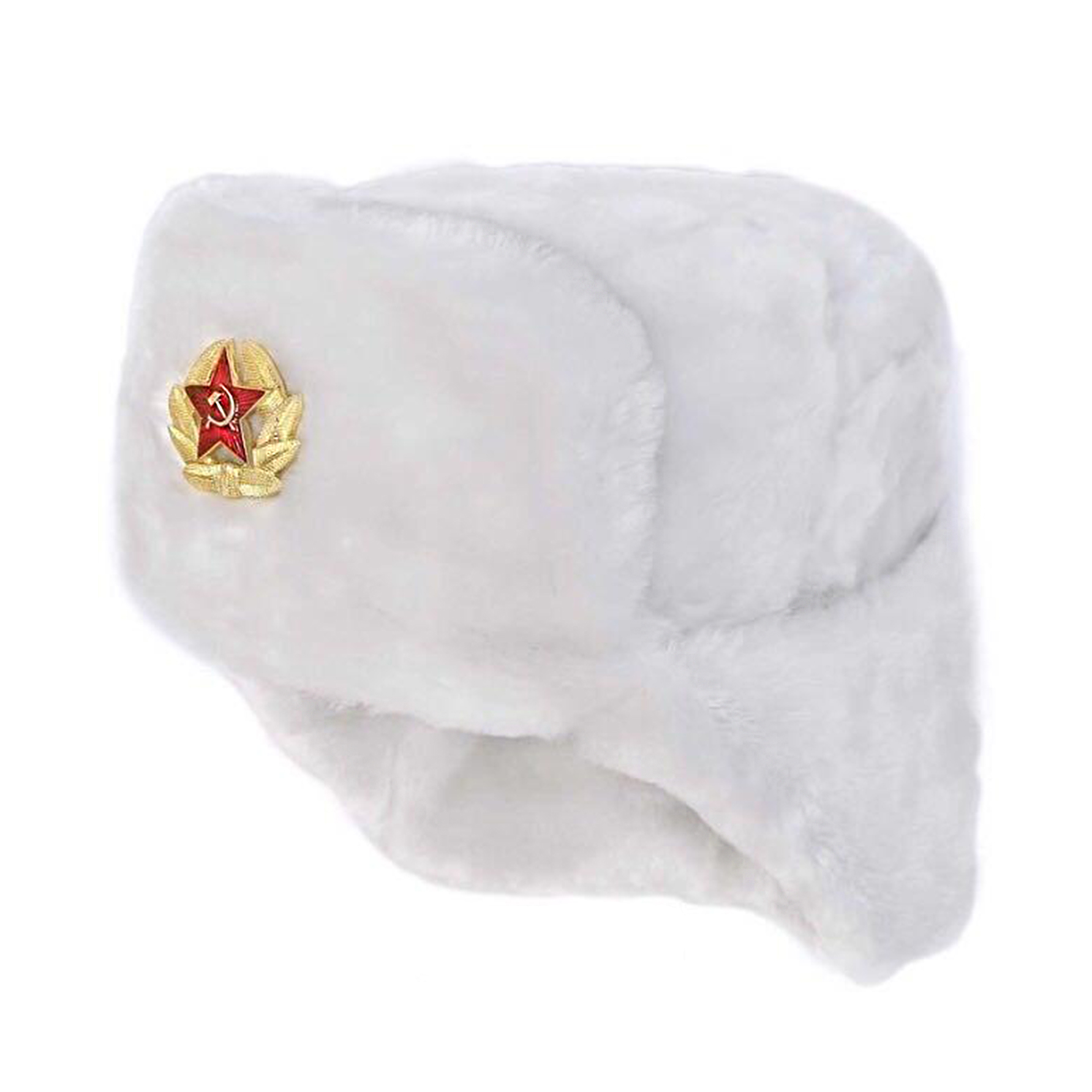 Russian Soviet Army Fur Military Cossack Ushanka Hat with Soviet Army Soldier Insignia, White, 60/L