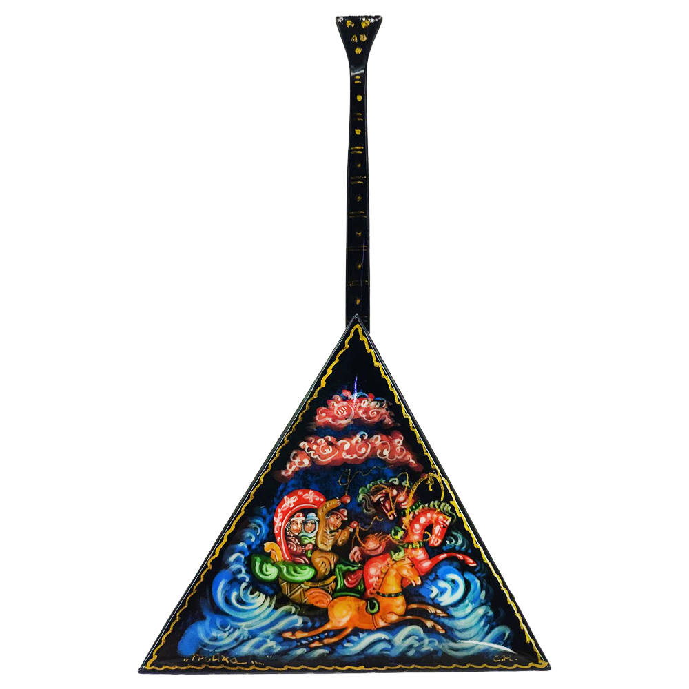 Wooden Balalaika Jewellery Box Russian Lacquer Miniature "Troika", 6х3.5 inches