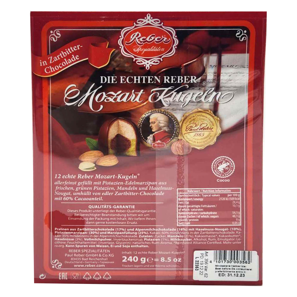 Chocolates with Pistachio Marzipan Frohe Ostern Mozart Kugeln, Reber, 240g/ 8.47oz