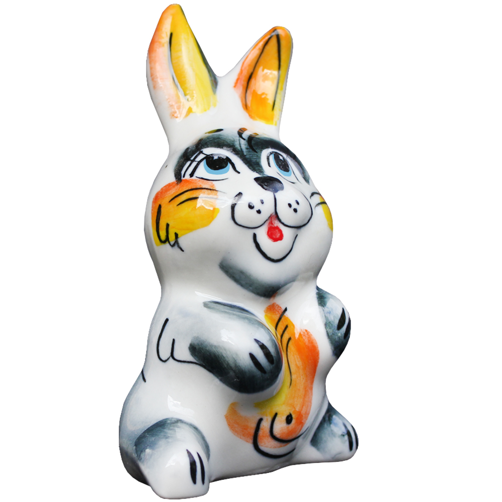 Ceramic Figurine Gzhel Colorful Easter Playful Bunny 4.13