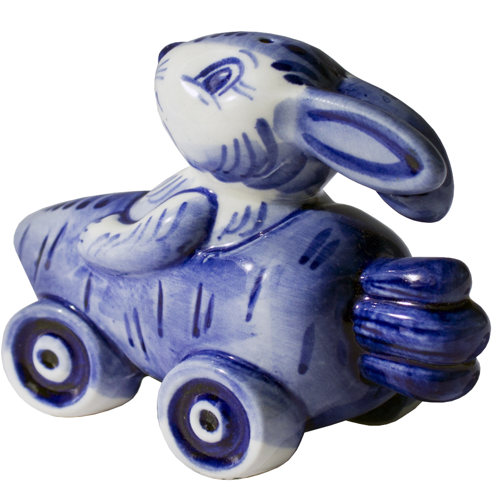 Ceramic Figurine Gzhel Symbol 2023 Blue Bunny in Carrot Car 3.15