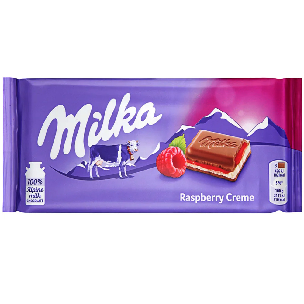 Alpine Milk Chocolate with Raspberry Cream, Milka, 100 g / 3.53 oz
