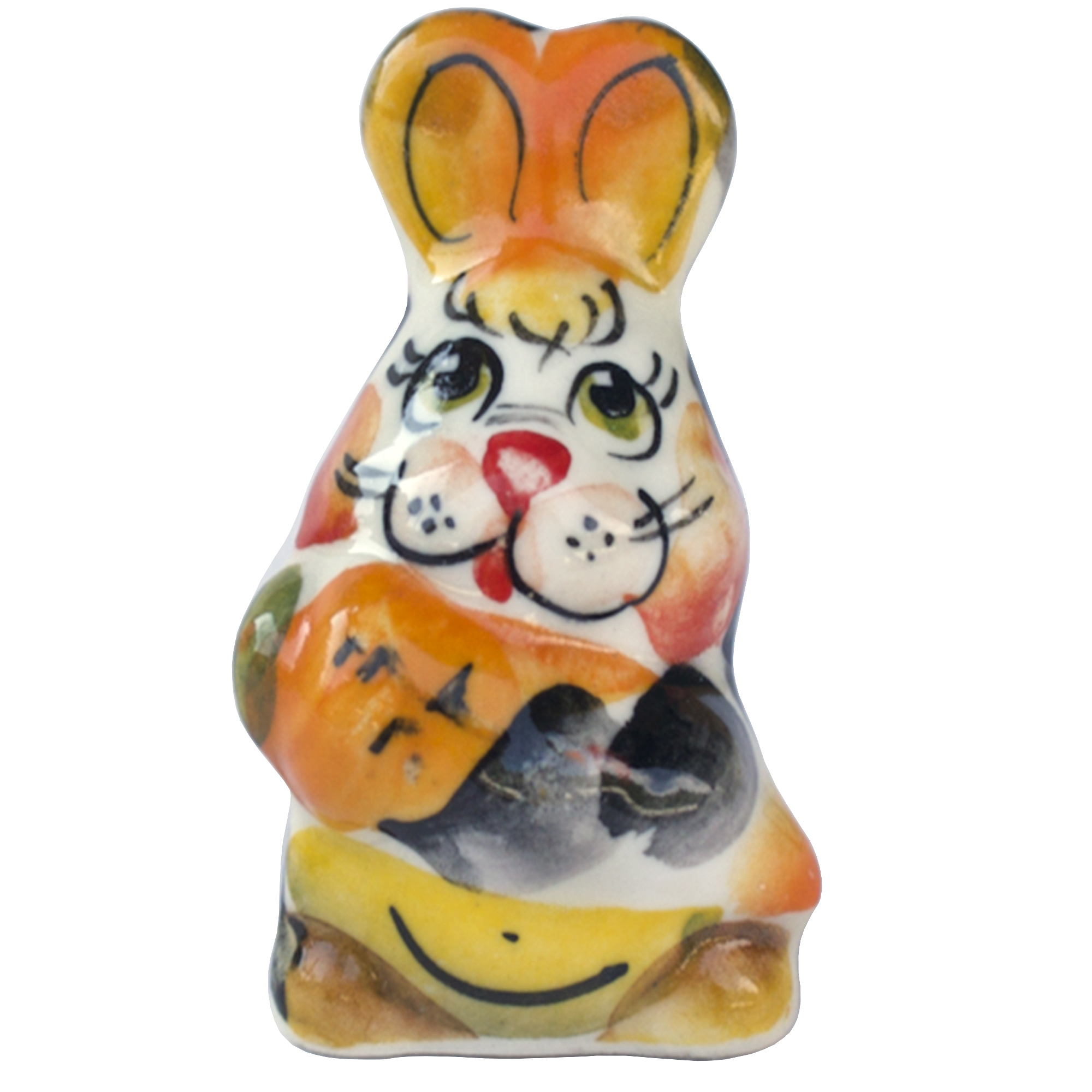 Ceramic Figurine Gzhel Colored Easter Little Rabbit with Carrot, 1.7