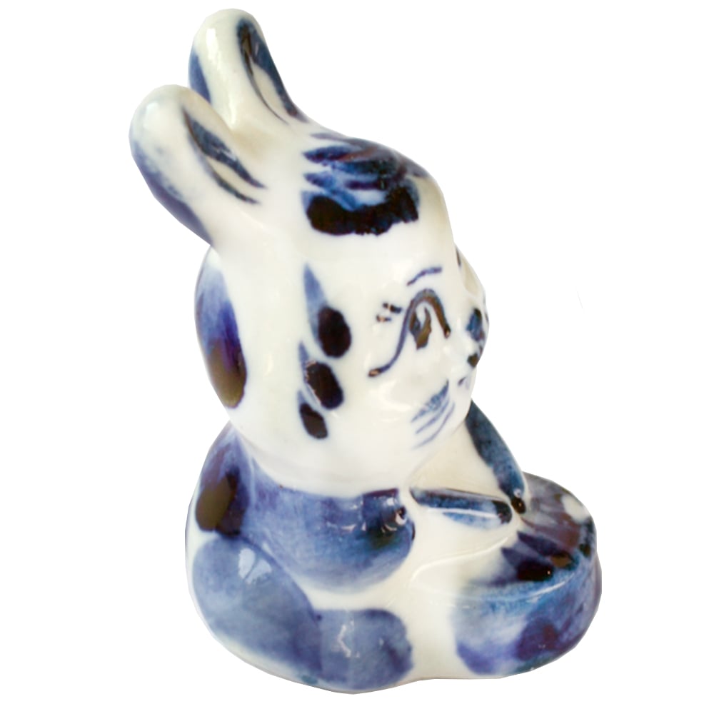 Ceramic Figurine Gzhel Blue Mini Bunny with Drum 2.1