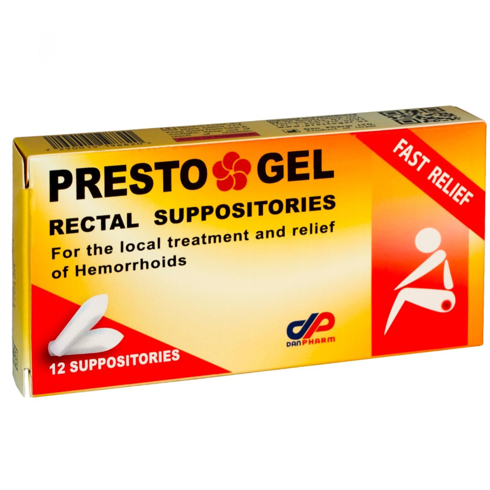 Presto GEL Rectal Suppositories Treatment & Relief of Hemorrhoid, DAN Pharm, 12pcs