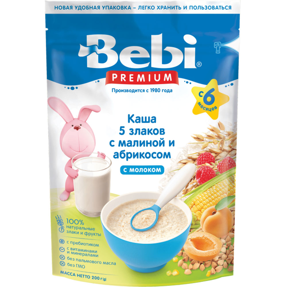 Baby Milk Porridge 5 Grains with Apricot & Raspberry | 6+ Months, Bebi Premium, 200g/ 0.44lb