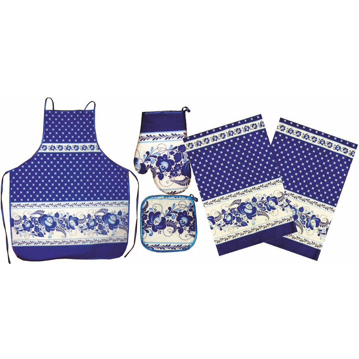 Kitchen Textile Gzhel Gift Set of 5 - Apron, Oven Mitt, Potholder, Two Kitchen Towels