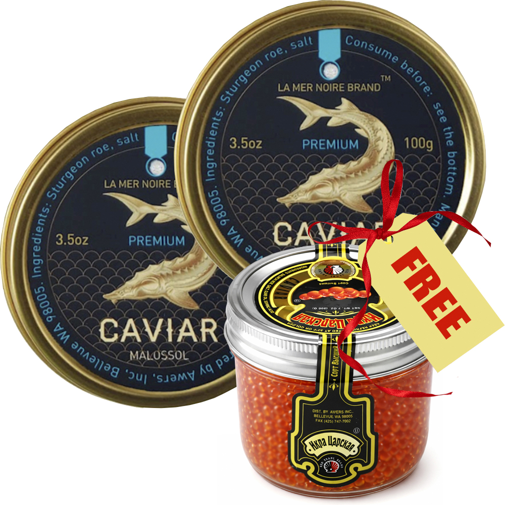 Premium Kaluga Black Caviar La Mer Noire (2 x 100g) + FREE Tsar's Red Caviar 200g