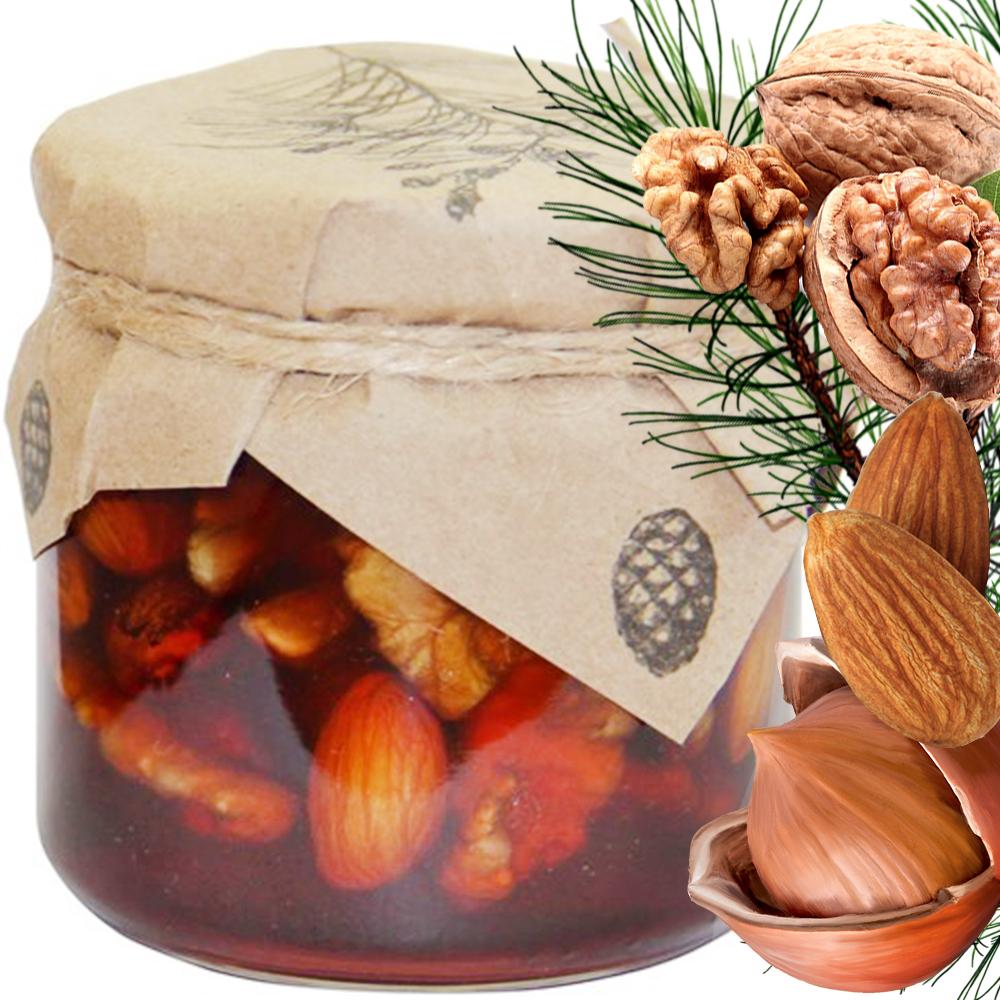 Assorted Nuts in Pine Syrup (Walnuts, Hazelnuts, Almonds), Taiga Cache, 240g/ 8.47oz