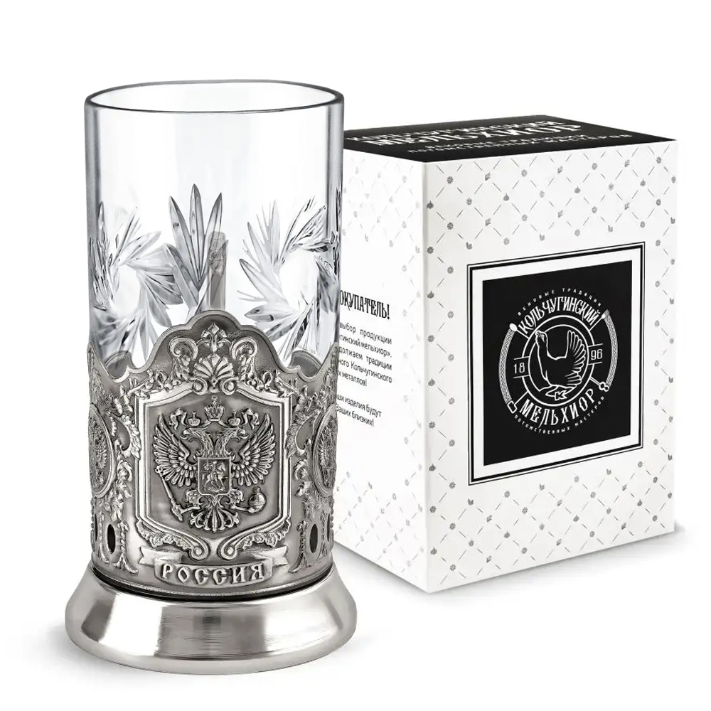 Nickel-Plated Blackened Tea Glass Holder With Crystal Glass 250 ml “Coat of Arms of Russia”, Kolchugino Melchior