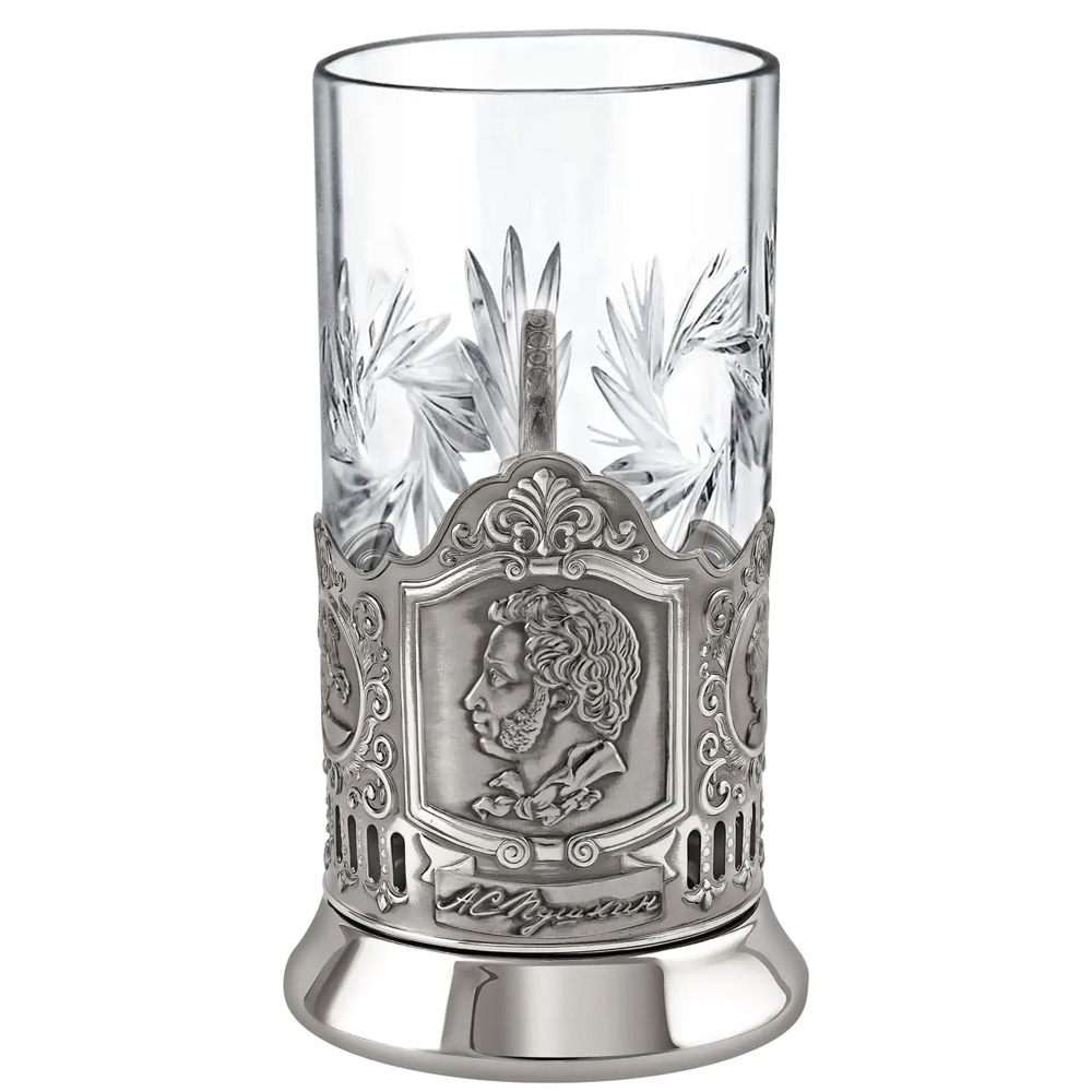 Nickel-Plated Blackened Tea Glass Holder With Crystal Glass 250 ml “Pushkin”, Kolchugino Melchior