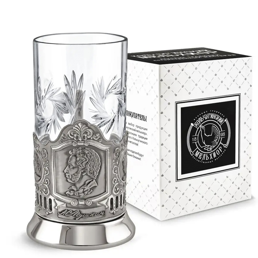 Nickel-Plated Blackened Tea Glass Holder With Crystal Glass 250 ml “Pushkin”, Kolchugino Melchior