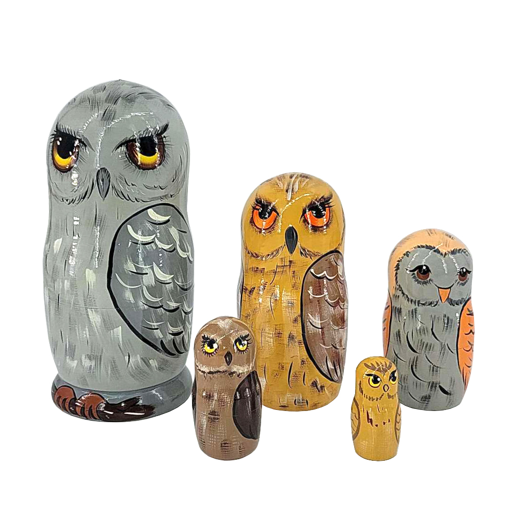 Matryoshka Owls Wooden Hand-Painted Traditional Souvenir, 5 pc, 7''