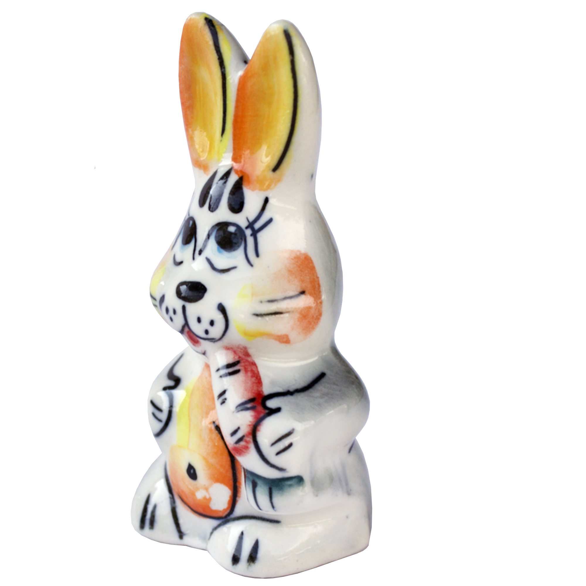 Ceramic Figurine Gzhel Symbol 2023 Colored Big Rabbit with Carrot, 3.9