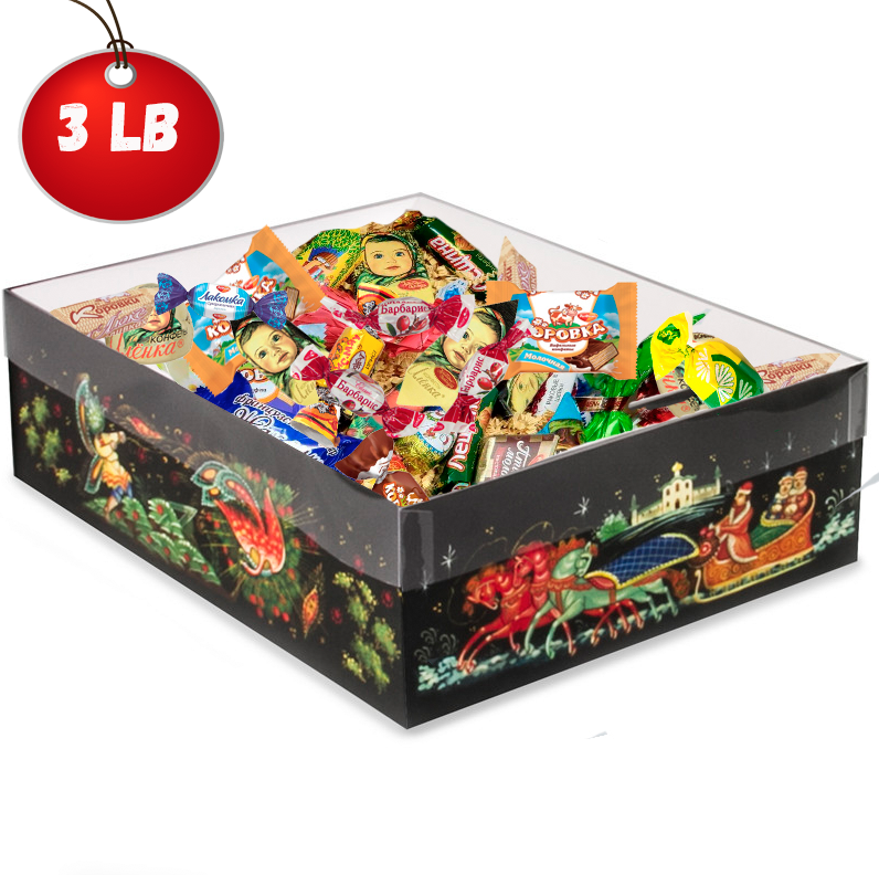 Chocolate & Caramel Candy Mix in Festive Palekh Pattern Box, 3lbs/ 1.40kg 