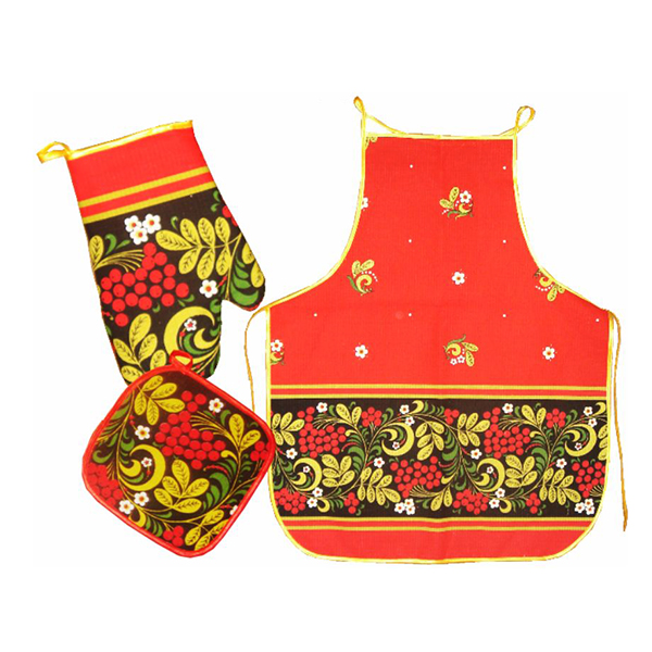 Khokhloma Textile Gift Set - Potholder, Oven Mitt and Apron, 3 pcs (A30001)