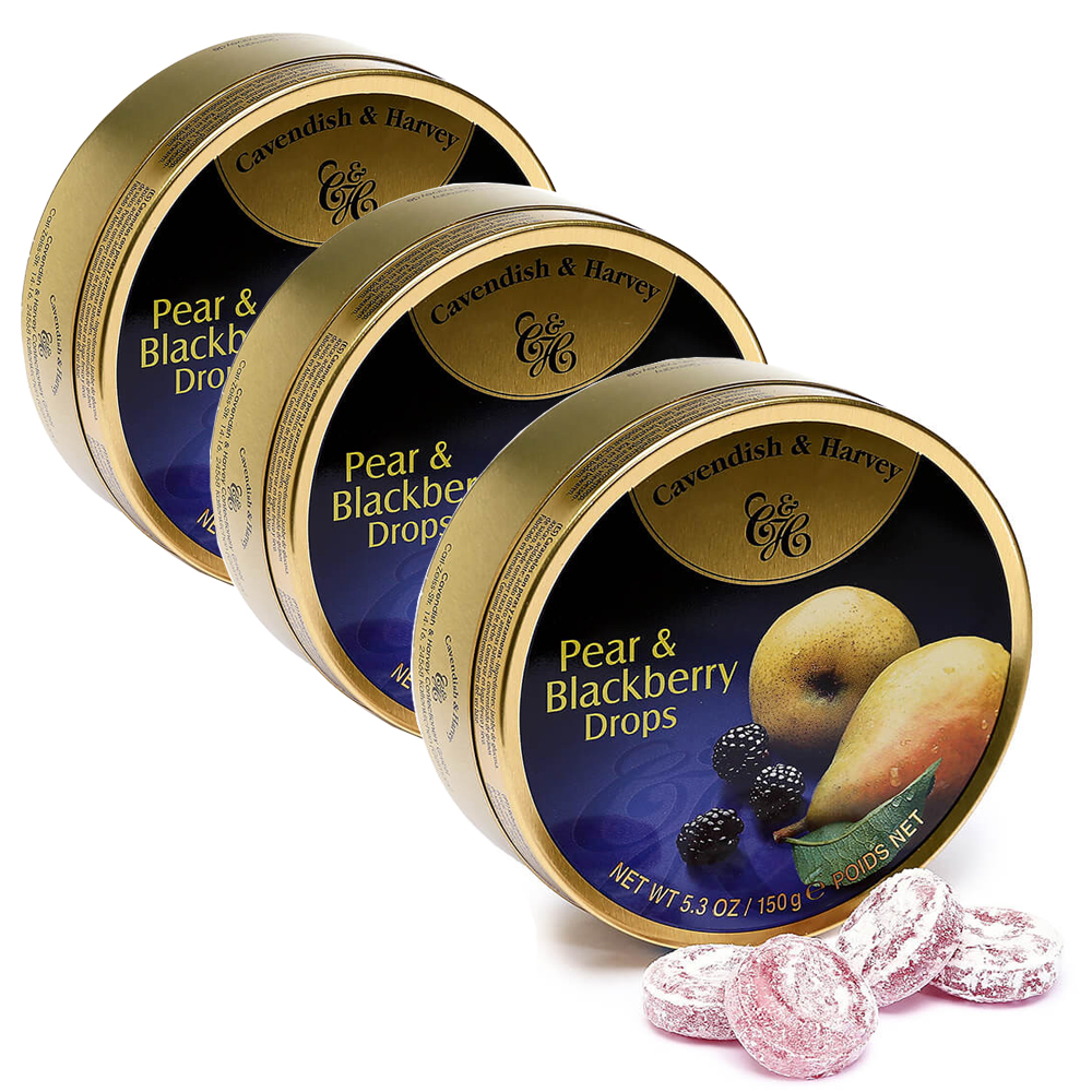 Cavendish & Harvey Hard Candy Drops Pear and Blackberry Pack of 3 x 5.3, Tins, 1lb/ 450g