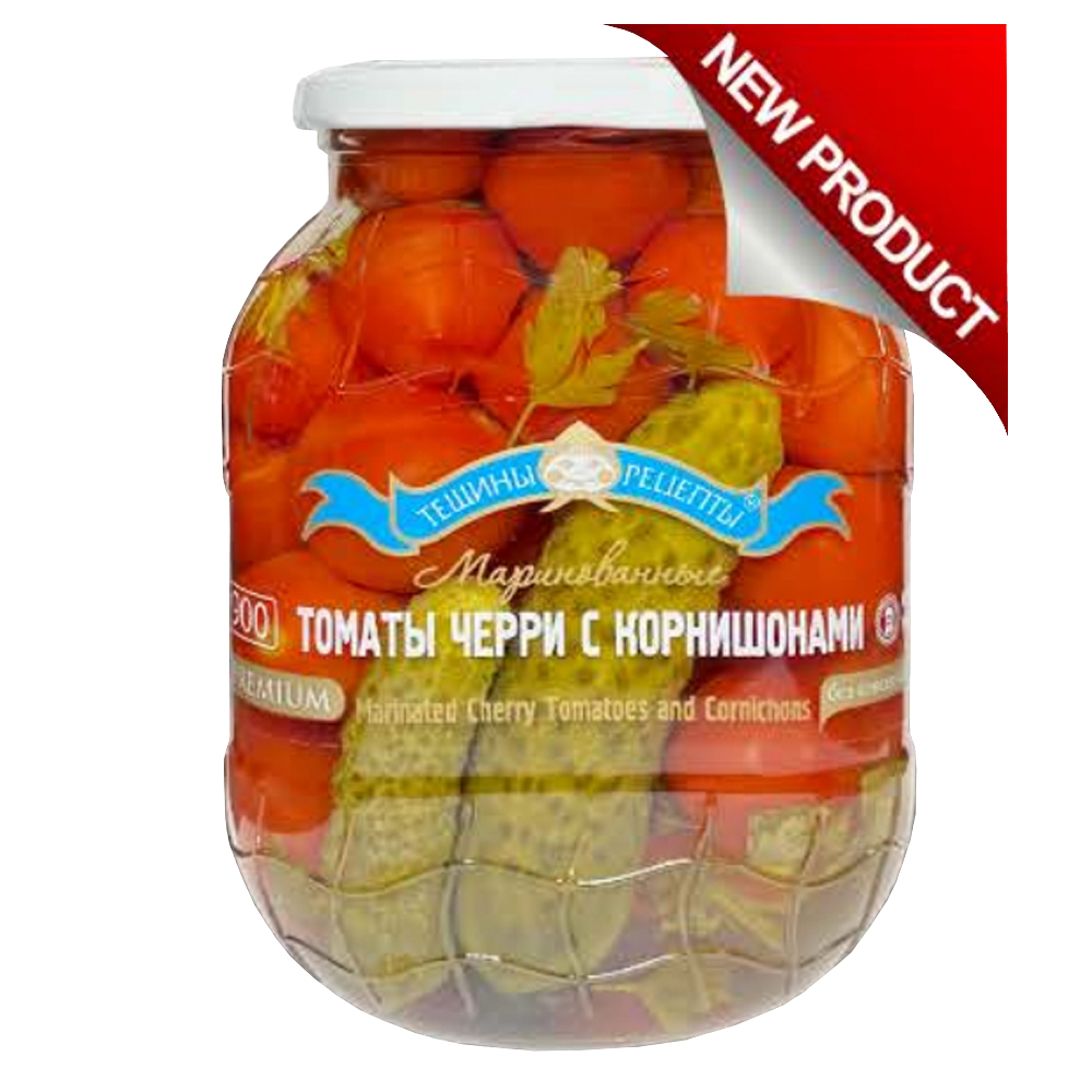 Premium Marinated Mix Cherry Tomatoes & Gherkins, Kosher, Tescha's Recipes, 900 ml/ 1.98 lb