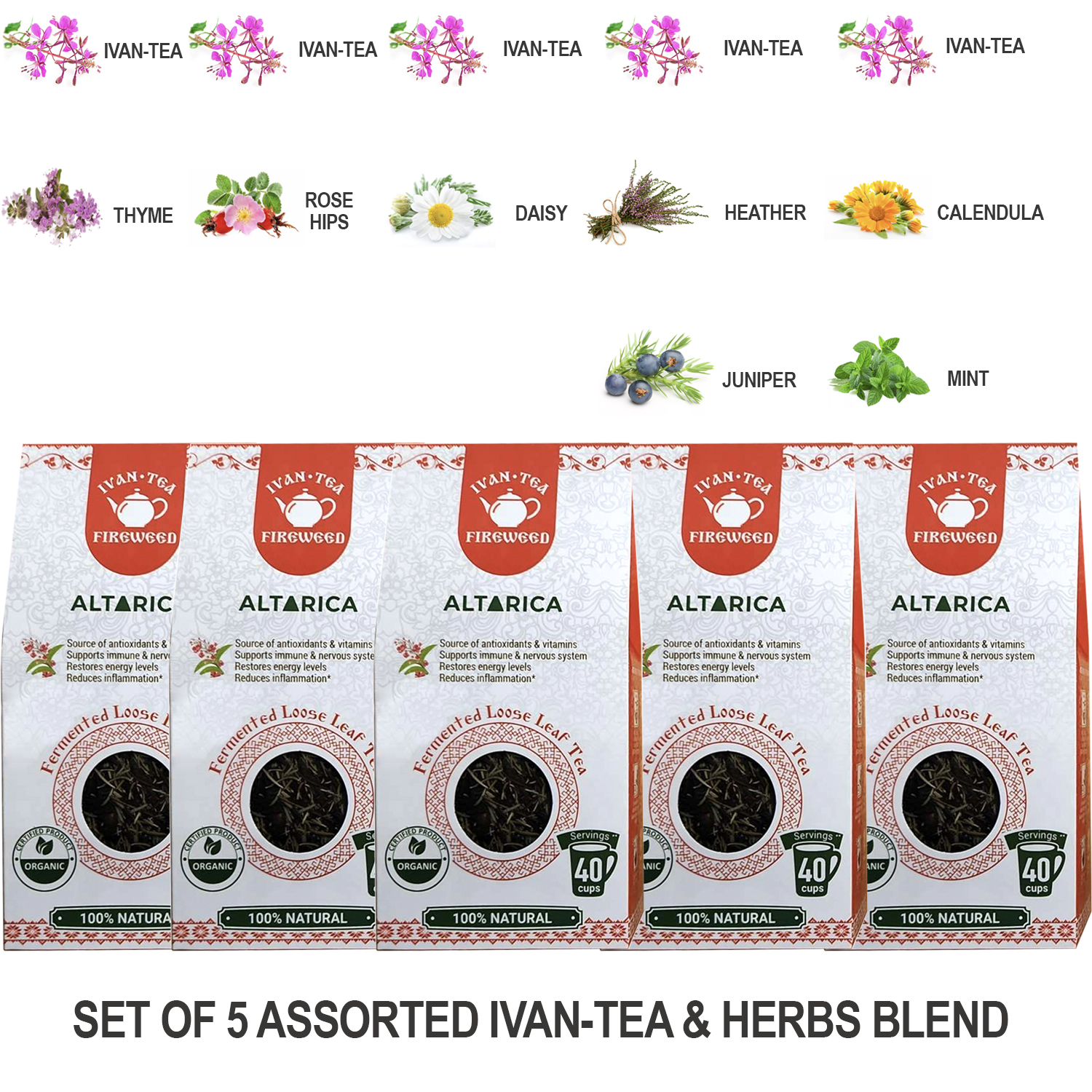 Set of 5 Assorted Herbs & Fermented Loose Fireweed Tea 2023 HARVEST, 50g x 5 Packs