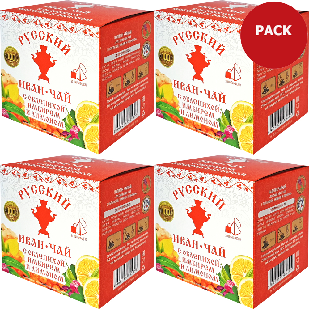 Pack 4 Ivan Tea Fireweed with Sea Buckthorn, Ginger & Lemon, Russian Ivan Tea, 20 pyramids x 4