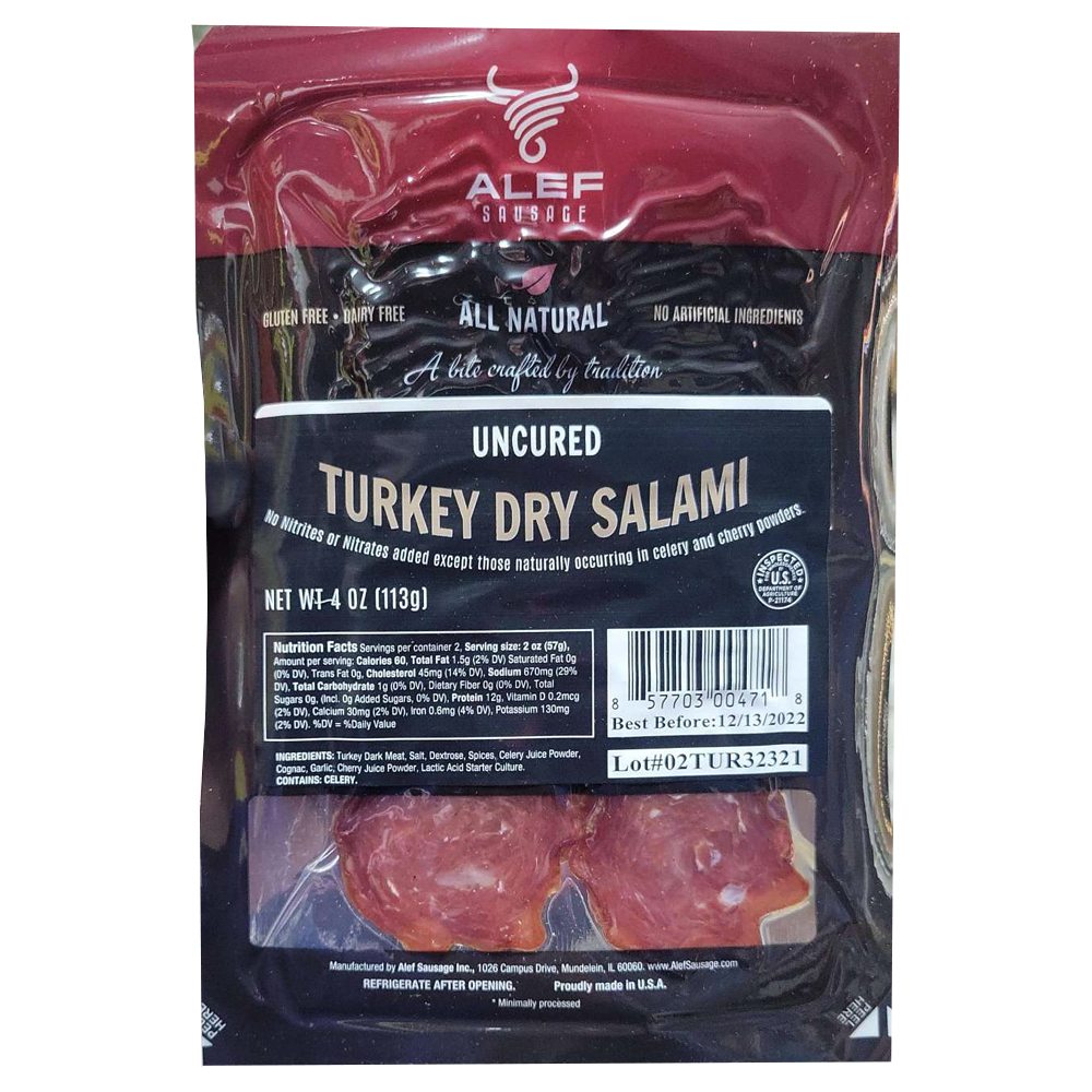 Uncured Sliced Turkey Dry Salami, Alef, 113g/ 3.99 oz