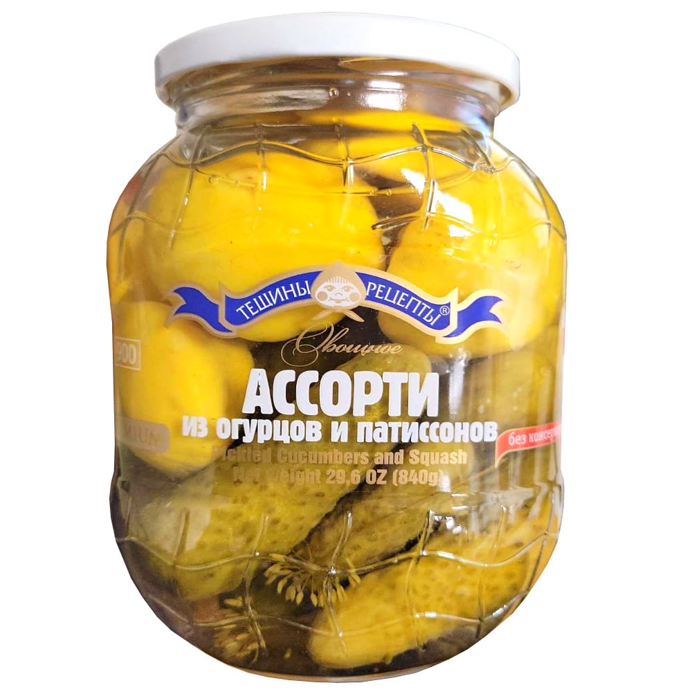 Assorted Pickled Cucumbers & Patissons, Tescha's Recipes, 840g / 29.63 oz