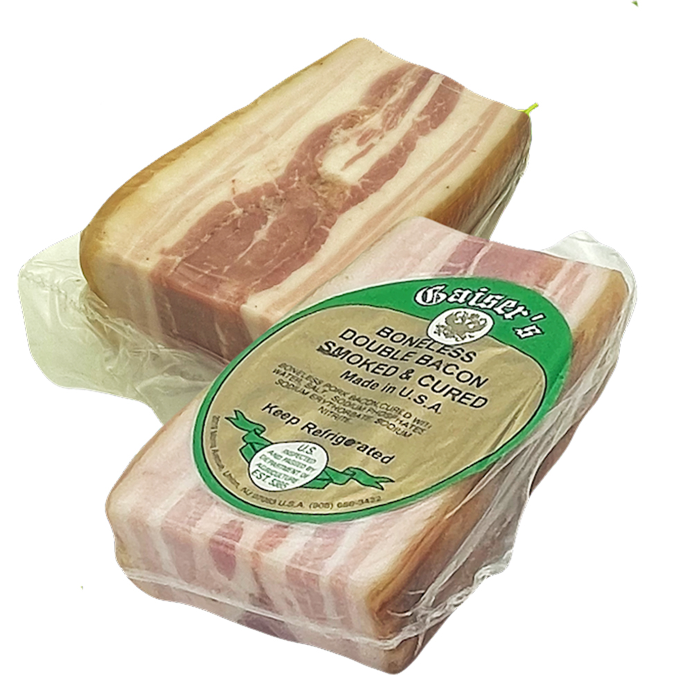 Boneless Double Smoked & Cured Pork Bacon (PRE-PK), Gaiser's, 1-1.5lb
