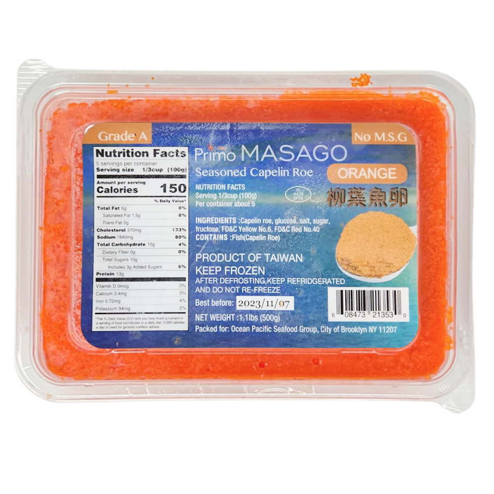 Seasoned Capelin Roe Orange Masago (Frozen), 500g/ 1.1lb